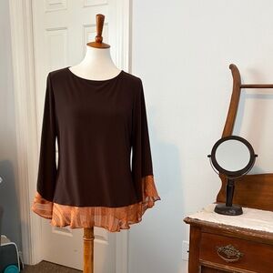 Susan Graver Brown Blouse with rust colored Trim